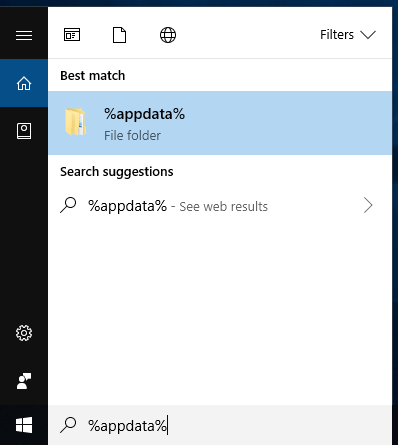 Windows start menu with %APPDATA% typed in